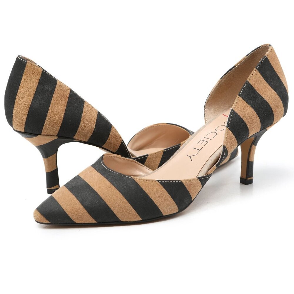 Sole Society JENN Striped Suede d'Orsay Pumps Point Toe Heels Shoes Back Tan 7.5